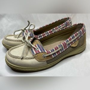 Sperry Beige Leather Angelfish Boat Striped Linen Shoes Size 7